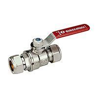 Кран шаровой для газа Ду22 со стандартным проходом, с обжимными переходниками 28x28 для подсоединения металлической трубы, с накидными гайками, с красной рычажной рукояткой GIACOMINI R258CC (R258CX026)