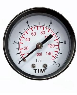 Манометр аксиальный TIM 0-10 бар O50мм (металлический корпус+стекло, присоед. латунь 1/4 нар.) (Y-50T-10)