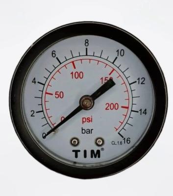 Манометр аксиальный 0-16 бар O50мм (металлический корпус+стекло, присоед. латунь 1/4 нар.)TIM (Y-50T-16)