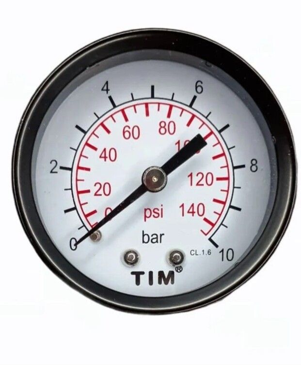 манометр аксиальный tim 0-10 бар o50мм (металлический корпус+стекло, присоед. латунь 1/4 нар.) (y-50t-10)